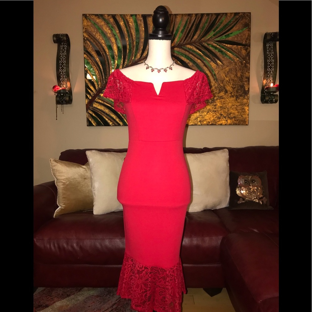 Red Lace Detail Asymmetric Dress - Picture 3 of 8